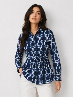 Lafayette 148 New York Blue Button Down Shirt With Tie Waist